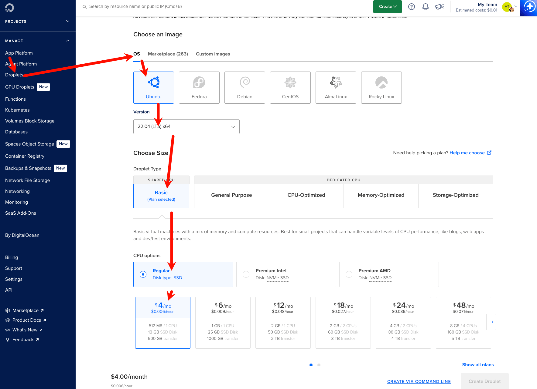 DigitalOcean 印度班加罗尔 4 美刀服务器创建页面截图